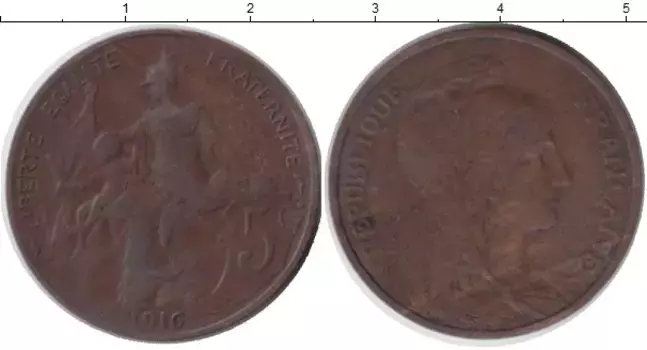 Монета 5 сантим Франции 1916 года Бронза Мадридский мд