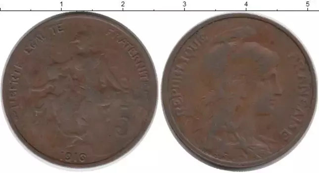Монета 5 сантим Франции 1916 года Бронза