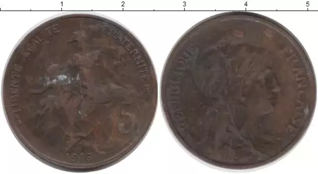 Монета 5 сантим Франции 1916 года Бронза