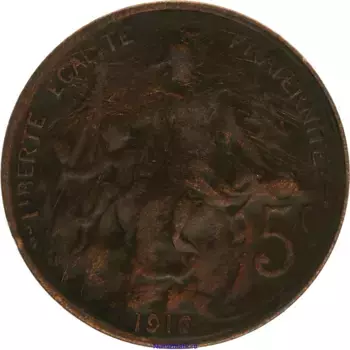 Монета 5 сантим Франции 1916 года Бронза м