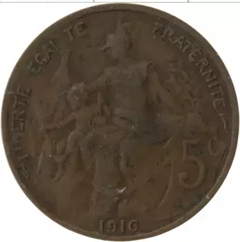 Монета 5 сантим Франции 1916 года Бронза