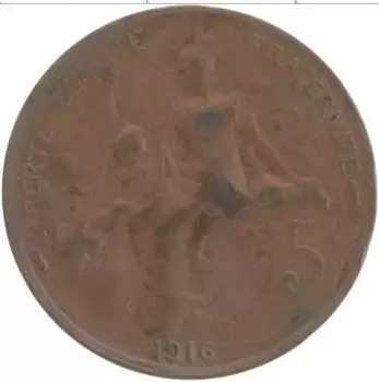 Монета 5 сантим Франции 1916 года Бронза