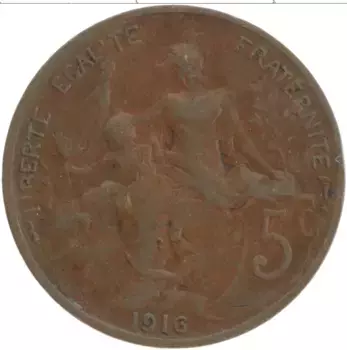 Монета 5 сантим Франции 1916 года Бронза