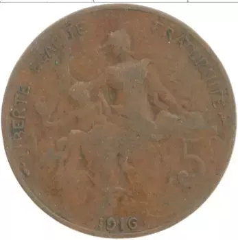 Монета 5 сантим Франции 1916 года Бронза