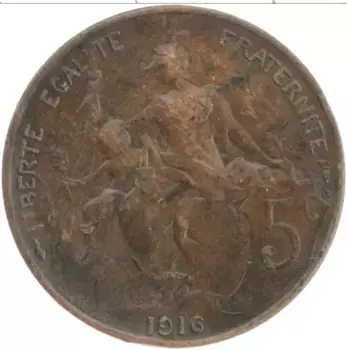 Монета 5 сантим Франции 1916 года Бронза