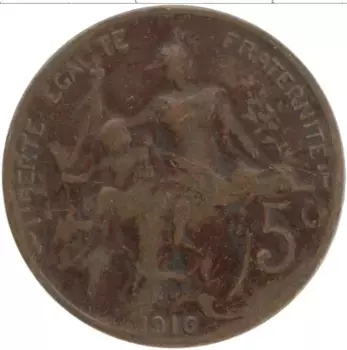 Монета 5 сантим Франции 1916 года Бронза