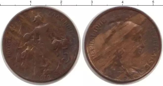 Монета 5 сантим Франции 1916 года Медь