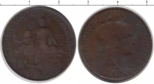 Монета 5 сантим Франции 1916 года Медь Республика защищает своих детей