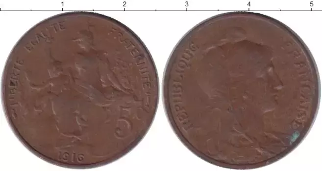 Монета 5 сантим Франции 1916 года Медь