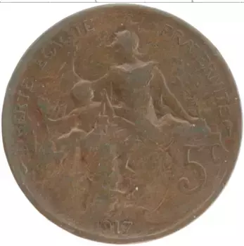 Монета 5 сантим Франции 1917 года Бронза