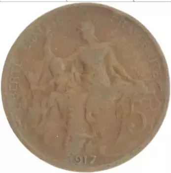 Монета 5 сантим Франции 1917 года Бронза