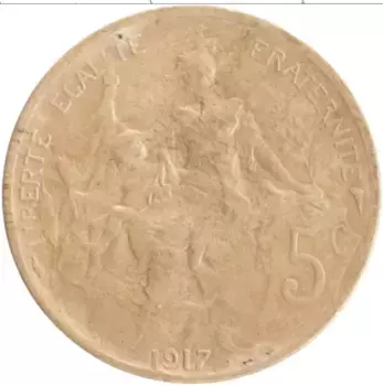 Монета 5 сантим Франции 1917 года Бронза