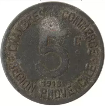Монета 5 сантим Франции 1918 года Железо Токен, Прованс