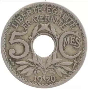 Монета 5 сантим Франции 1920 года Медно-никель
