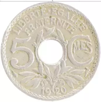 Монета 5 сантим Франции 1920 года Медно-никель