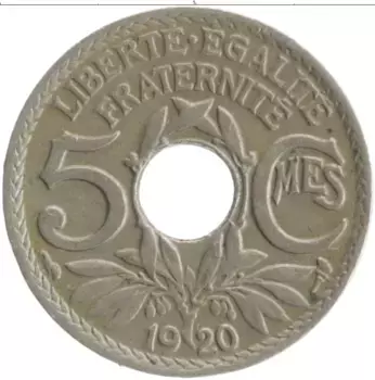 Монета 5 сантим Франции 1920 года Медно-никель