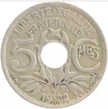 Монета 5 сантим Франции 1922 года Медно-никель