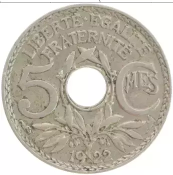 Монета 5 сантим Франции 1922 года Медно-никель