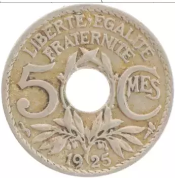 Монета 5 сантим Франции 1925 года Медно-никель