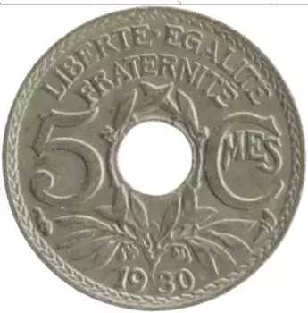 Монета 5 сантим Франции 1930 года Медно-никель