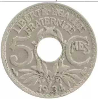 Монета 5 сантим Франции 1934 года Медно-никель