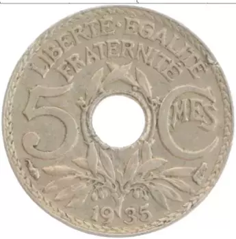 Монета 5 сантим Франции 1935 года Медно-никель
