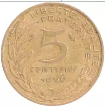 Монета 5 сантим Франции 1966 года Бронза