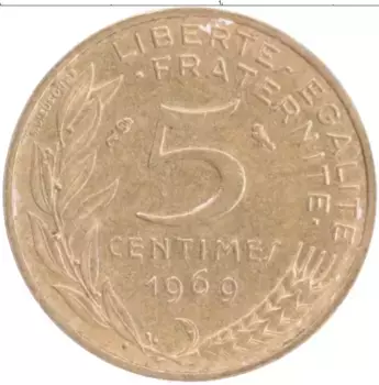 Монета 5 сантим Франции 1969 года Латунь