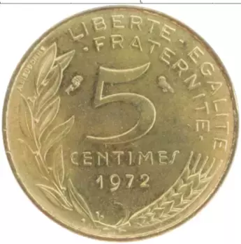 Монета 5 сантим Франции 1972 года Латунь