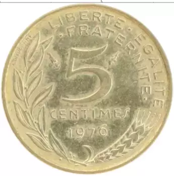 Монета 5 сантим Франции 1976 года Бронза