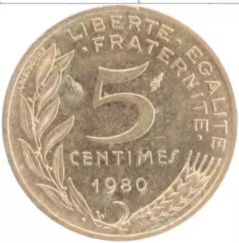 Монета 5 сантим Франции 1980 года Бронза
