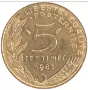 Монета 5 сантим Франции 1983 года Латунь