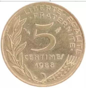 Монета 5 сантим Франции 1988 года Бронза