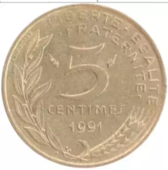 Монета 5 сантим Франции 1991 года Бронза