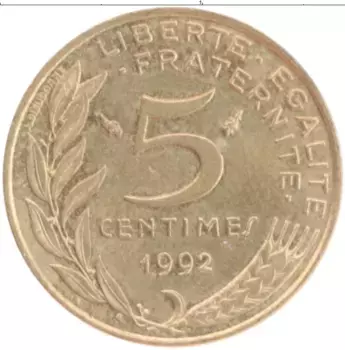 Монета 5 сантим Франции 1992 года Бронза
