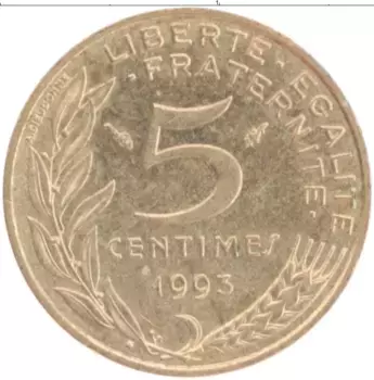 Монета 5 сантим Франции 1993 года Бронза