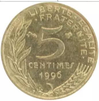 Монета 5 сантим Франции 1996 года Бронза