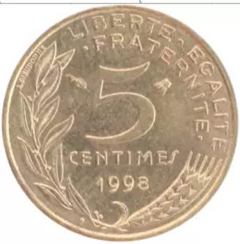 Монета 5 сантим Франции 1998 года Бронза
