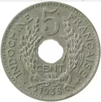 Монета 5 сантим Индокитая 1938 года Медно-никель