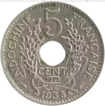 Монета 5 сантим Индокитая 1938 года Медно-никель Французский протекторат