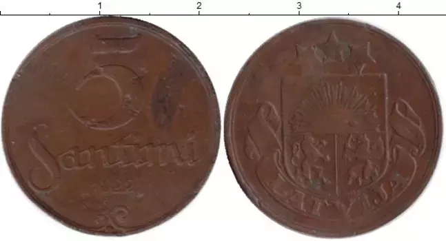 Монета 5 сантим Латвии 1922 года Бронза