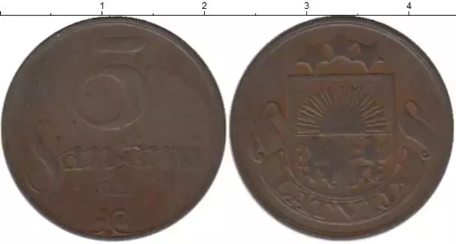 Монета 5 сантим Латвии 1922 года Бронза