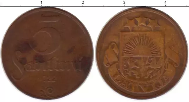 Монета 5 сантим Латвии 1922 года Бронза