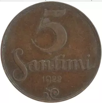 Монета 5 сантим Латвии 1922 года Бронза