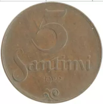 Монета 5 сантим Латвии 1922 года Бронза