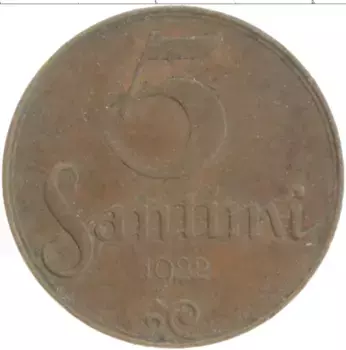 Монета 5 сантим Латвии 1922 года Бронза