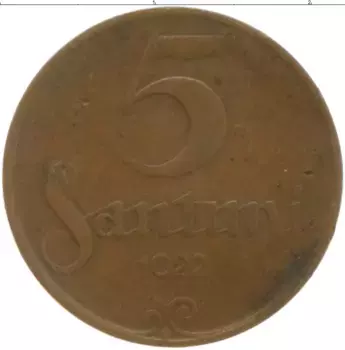 Монета 5 сантим Латвии 1922 года Бронза