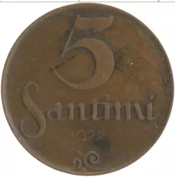 Монета 5 сантим Латвии 1922 года Бронза