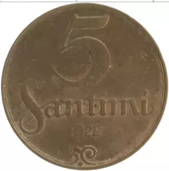 Монета 5 сантим Латвии 1922 года Бронза
