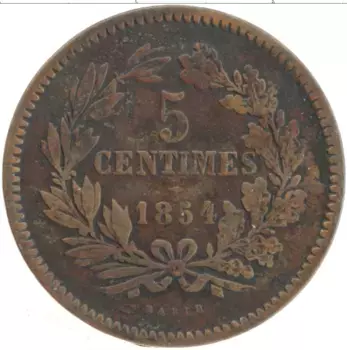 Монета 5 сантим Люксембурга 1854 года Бронза